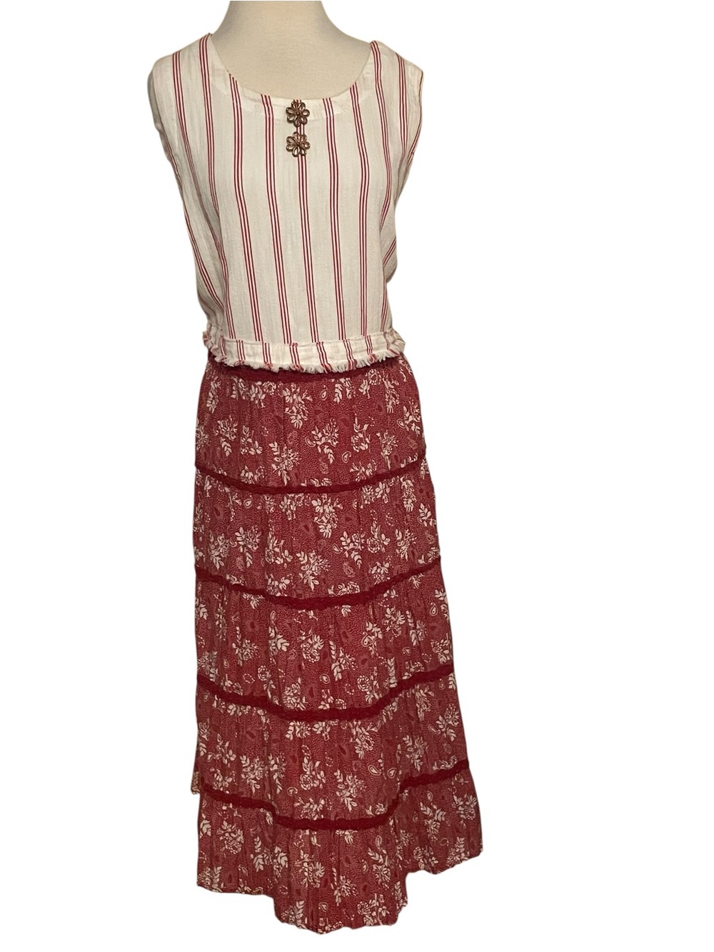 Laugh Bespoke Vintage Upcycled Boho Tiered Red White Maxi Dress Womens XXL - Picture 2 of 15